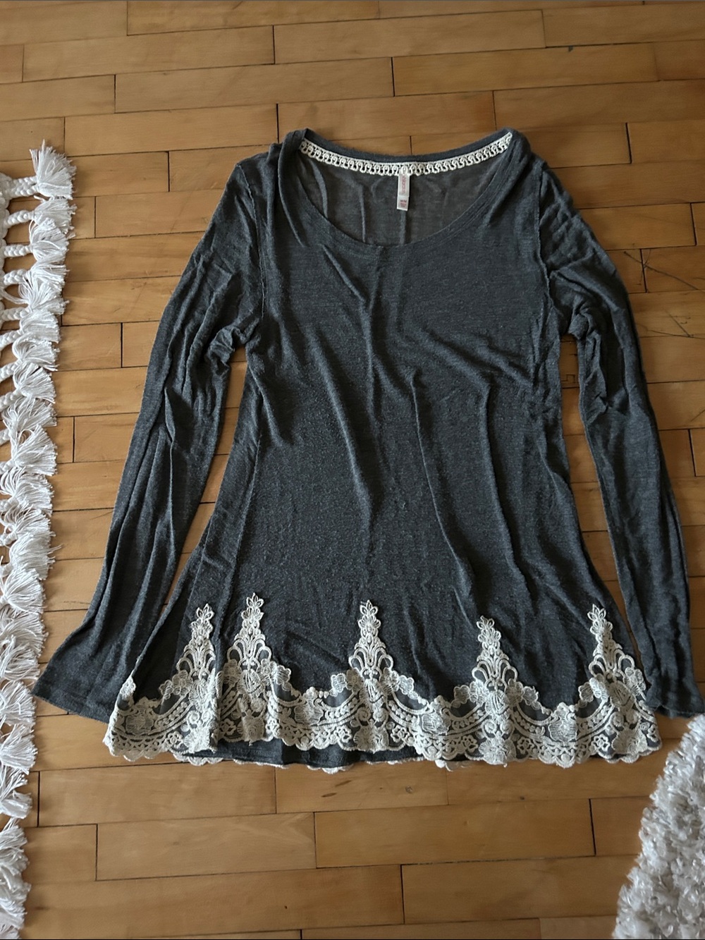 Women's Dark Gray Long-Sleeve Top with Cream Lace Trim